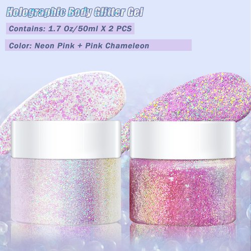 2 Pack Holographic Body Glitter Gel for Body, Face, Hair and Lip Color Changing Sparkling Face Glitter Gel for Music Festival Halloween Concerts Art Party Rave (Neon Pink + Pink Chameleon)