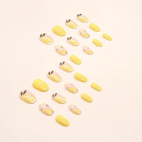 IMSOHOT Yellow Oval Press on Nails Summer Short French Tip Fake Nails Cute Lemon Pattern False Nails with Designs Glossy Glue on Nails Full Cover Round Acrylic Nails for Women Girls 24Pcs