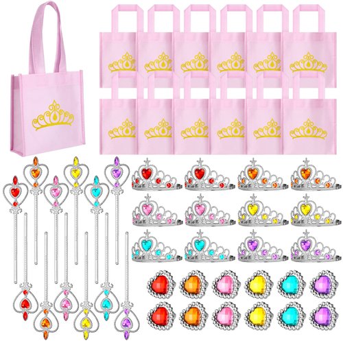 Yinder 12 Princess Party Favors Costume Dress up Accessories Set Included Princess Gift Bags Princess Plastic Crown Tiara Rings and Wands Christmas Birthday Party Princess Jewelry(Elegant Style)