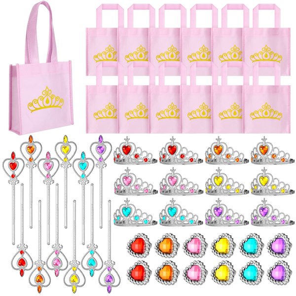 Yinder 12 Princess Party Favors Costume Dress up Accessories Set Included Princess Gift Bags Princess Plastic Crown Tiara Rings and Wands Christmas Birthday Party Princess Jewelry(Elegant Style)