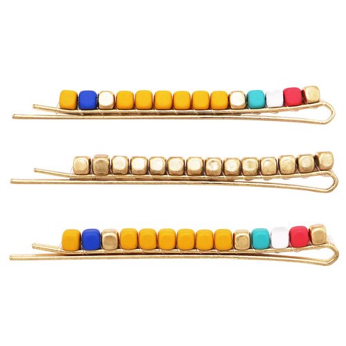 Rosemarie & Jubalee Women's Set of 3 Gold Tone With Yellow Blue Red Chunky Nugget Square Beads Hair Clip Barrette Bobby Pins