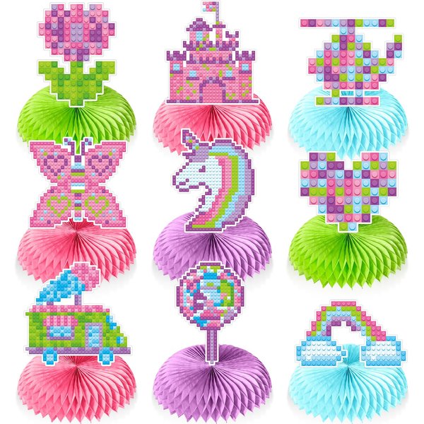 Colarr 9 Pieces Pink Building Block Party Girls Supplies Honeycomb Table Centerpieces Building Block Birthday Party Supplies Kids Brick Themed Birthday Party Decorations Classic Cake Topper