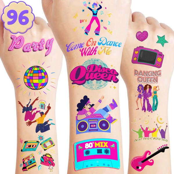 8 Sheets (96PCS) Disco Temporary Tattoos Birthday Party Decorations Supplies Tattoos Stickers Cute Party Favors Kids Girls Boys Gifts Classroom School Prizes Themed