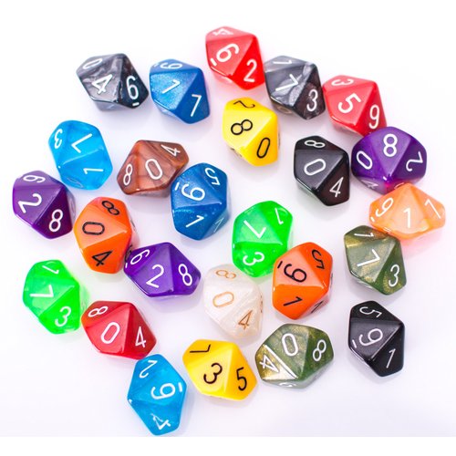 25 Count Assorted Pack of 10 Sided Dice - Multi Colored Assortment of D10 Polyhedral Dice