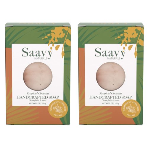 Saavy Naturals Tropical Coconut Handmade Soap Bar, Moisturizing Formula Vegan Soaps, Organic Soap Bars for Women, Creamy Lather Soap Gift Sets for Women, 5 Oz, 2 Pack