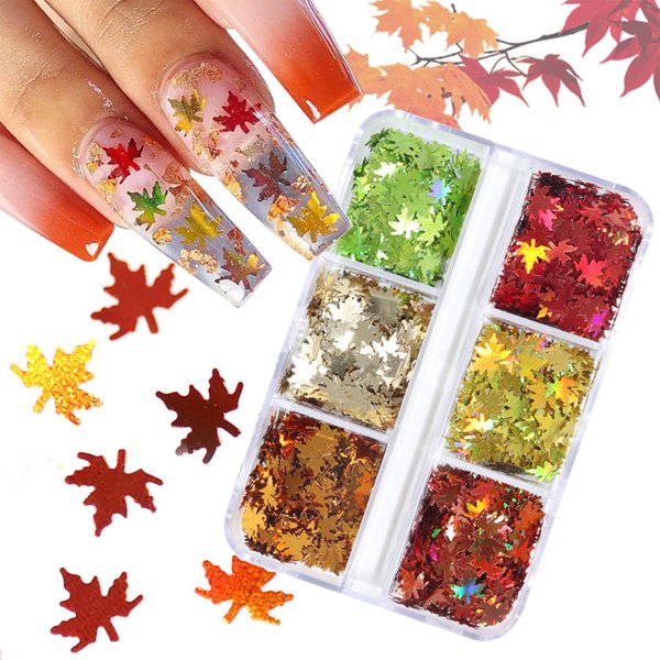 Maple Leaf Nail Art Glitters Fall Nail Sequins 3D Holographic Fall Nail Art Flakes 6 Grids Autumn Nail Glitter Sequins Laser Maple Leaves Nail Flakes for Women DIY Thanksgiving Nails Decoration Makeup