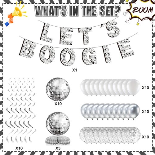 Kasyat 56 Pcs Disco Party Decorations Lets Boogie Banner Disco Ball Hanging Swirls Silver Disco Ball Balloons Disco Theme Party Centerpieces for Back to 60s 70s 80s Retro Silver Disco Party Supplies