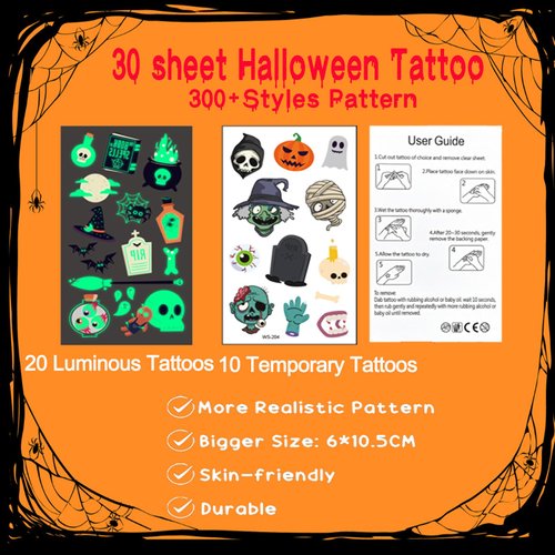 360+ Halloween Temporary Tattoos, 30 Sheets Halloween Tattoos Glow In The Dark Tattoos for Kids, Luminous Halloween Stickers for Kids Halloween Decorations Birthday Party Favors Supplies