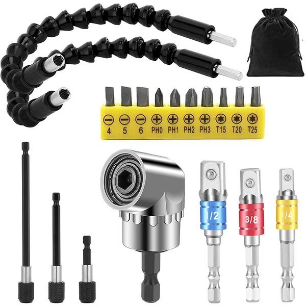 Flexible Drill Bit Extension Set, Hex Shank 105°Right Angle Drill Bit Attachment, 3pcs Drill Bit Holder Extension, 1/4 3/8 1/2" Universal Socket Adapter, Screwdriver Bit Kit