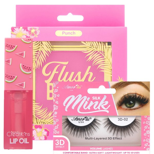 Glam Lux Beauty Mystery Bundle Amorus Flush Blush Powder, Long Lasting, Buildable formula, 3D Mink Reusable Eyelashes, Sweet Dose Lip Oil Nourishing & Exfoliating