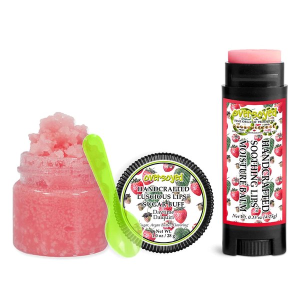 Daytime Daiquiri Soothing & Luscious Lips by OverSoyed Exfoliator & Chapped Lip Repair Lip Care Combo | Artisan Handcrafted to Order Frosty Strawberry Citrus Flavored Exfoliating Sugar Lip Scrub & Lip Moisturizer Balm Gift Set
