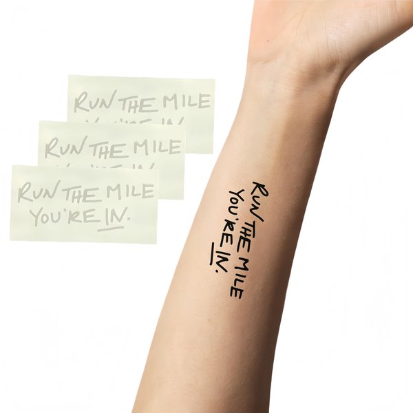 Run The Mile You're In Temporary Tattoos (3 Sheets) – Motivational Fine Line Vegan Ink – Waterproof & Sweatproof – Marathon, 5K, Ultra Race Day Tattoo for Runners, Realistic Minimalist Look