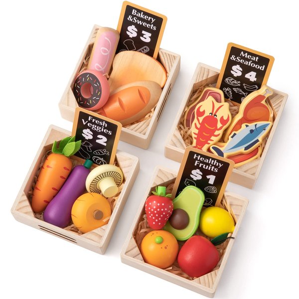 Tiny Land Wooden Play Food Sets for Kids Kitchen - 100% Wood 43 Pieces Kids Toy Food for Toddlers 3+ Year Old, Pretend Food Play Kitchen Accessories Set for Boys and Girls