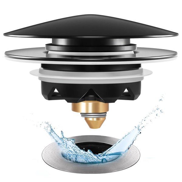 Anlige Universal Tub Stopper Bathtub Drain, Pop Up BathTub Drain Plug and Cover, Replaces Bath Tub Lift and Turn, Tip-Toe and Trip Lever, Easy to Install Clean, All Brass Matte Nickel Process Black
