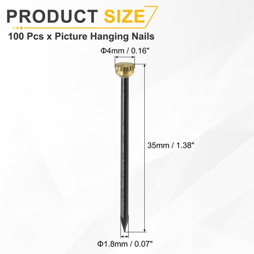 uxcell 100Pcs Picture Hanging Nails, 1.8 x 35mm Iron Decorative Hangers Reusable Hardware Tool for Hanging Pictures Mirrors, Gold & Black