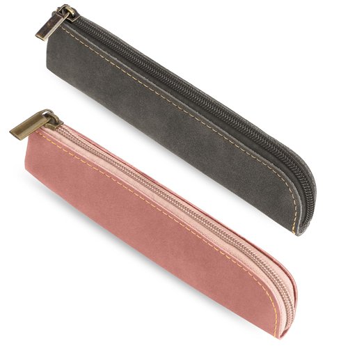 Leather Pencil Pouch, 2 PCS Small Aesthetic Pencil Case Portable Zipper Bag Vintage Pencil Organizer Stationery Pouch Bag for Pens, Markers, Makeups, Change, Coins, Slim Design (Pink & Grey)