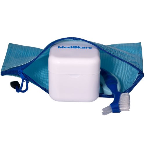 Medokare Denture Case with Basket, Brush and Travel Zip Case, Denture Bath for Soaking False Teeth, Retainer Container Mouth Guard Box, Denture Cup for Night Guard Invisalign Cleaner, Dentures Box