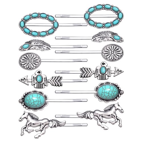 Retro Hair Pins for Women Girls Decorative Bobby Pin Turquoise Retro Hair Pins Vintage Hairpins Cowgirl Western Hair Clips Boho Hair Clips Headwear Styling Tools Hair Accessories (12Pcs-B)