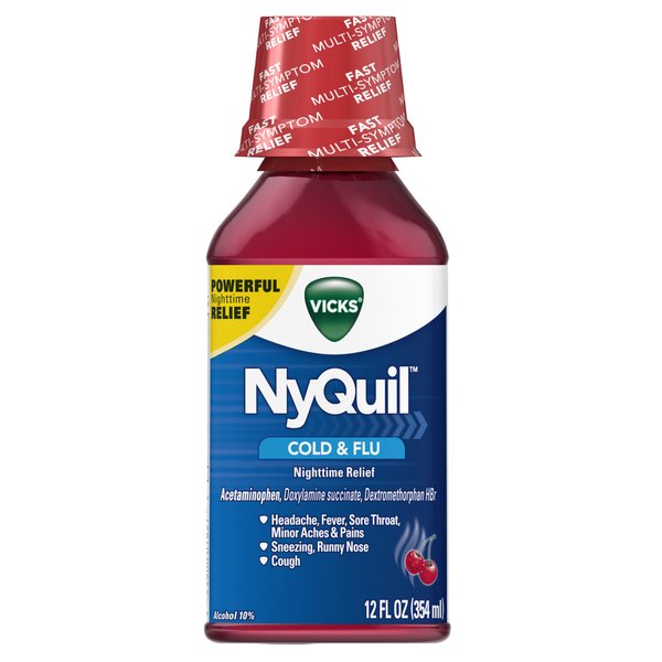 Vicks NyQuil Cough Cold and Flu Nighttime Relief, Cherry Liquid, 12 Fluid Ounce