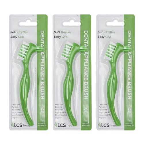 TCS Dental Appliance Cleaning Brush - Denture Brush for Adults, Soft Denture Cleaner Brush with Ergonomic Handle (Pack of 3)