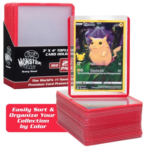 Monster Top Loaders for Collectible Trading Cards - 25 Count 3"x4" Clear Hard Plastic Protector (Red Border) - Easily Sort Your TCG Cards by Color- Compatible with MTG Magic Gathering, Yugioh, Sports