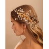 Jumwrit Bridal Hair Comb Rhinestone Crystal Headpiece Handmade Flower Leaves Pearl Hair Comb for Bride Bridesmaid Wedding Hair Accessories for Women Girls（Gold）