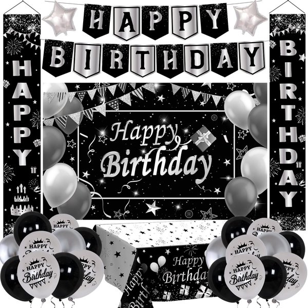 Black Birthday Decorations for Men Women, Black and Silver Party Decorations Boys Girls with Black Happy Birthday Banner Tablecloth Backdrop Porch Sign Door Decorations, Black Bady Party Supplies