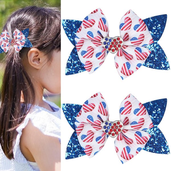 Blue Hair Bow Clips for Girls Independence Day Accessories Stars and Sparkly Sequin Hair Clips 4th of July Hair Bow Clip Butterfly Toddler Hair Pins for Memorial Day Hair Barrettes 2PCS