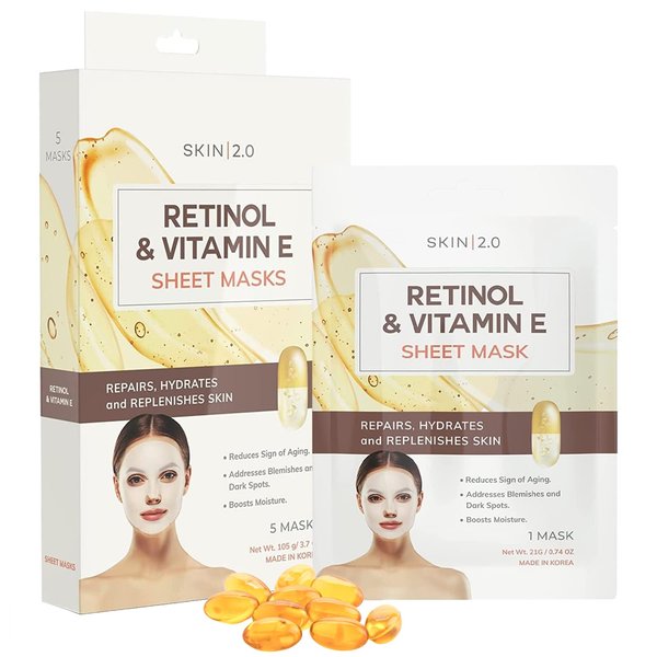 Skin 2.0 Retinol and Vitamin E Sheet Face Mask - Diminishes Blemishes, Acne Scars & Hyperpigmentation, Hydrating, Anti-aging Sheet Mask - Cruelty Free Korean Skin Care For All Skin Types - 5 Masks