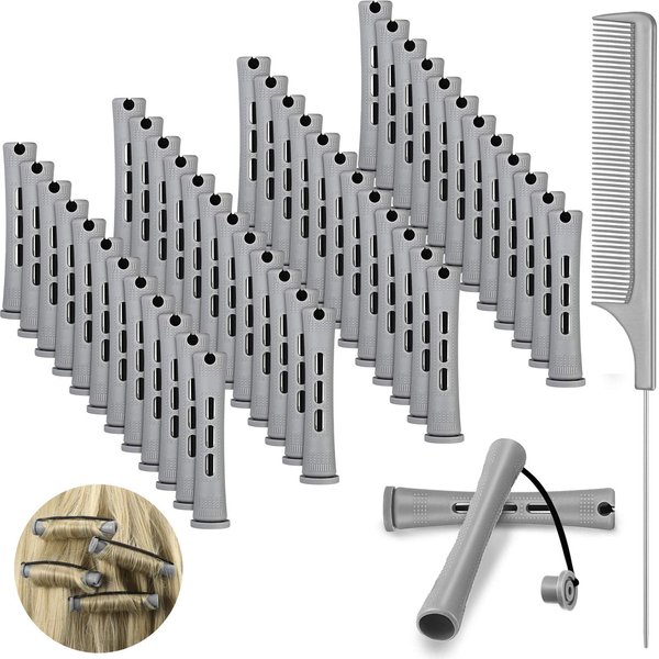 48 Pieces Hair Perm Rods Short Cold Wave Rods Plastic Perming Rods Hair Curling Rollers Curlers with Steel Pintail Comb Rat Tail Comb for Hairdressing Styling Supplies (Gray, 0.59 Inch)