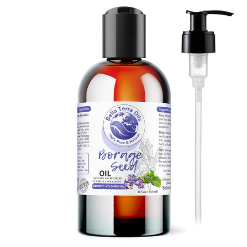Bella Terra Oils Borage Seed Oil. 8oz. 100% Pure. Cold-pressed. Unrefined. PA-free. Hexane-free. GLA Oil. Natural Moisturizer for Hair, Face, Body, Nails, Stretch Marks