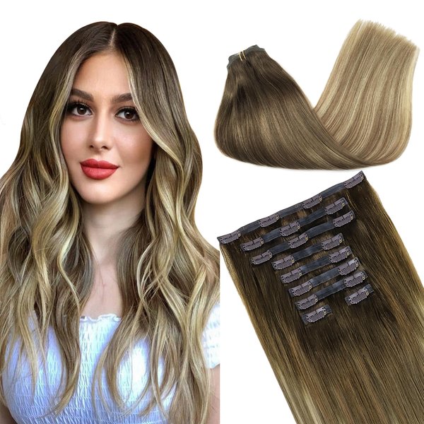 GOO GOO Clip in Hair Extensions Real Human Hair, 14inch 130g 9Pcs, 3/8/613 Balayage Walnut Brown to Ash Brown and Bleach Blonde, Remy Human Hair Extensions Clip ins for Women, Natural Human Hair
