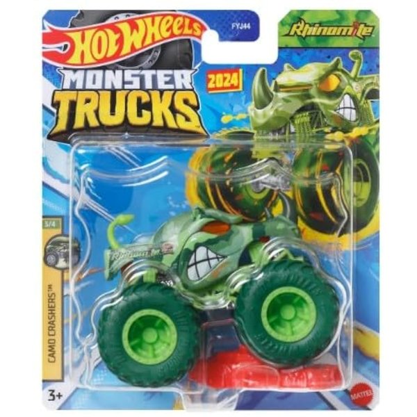 Hot Wheels Monster Truck 1:64 Scale (Green Rhinomite 3/4 Camo Crashers, Toy-Trucks, Children, Unisex)