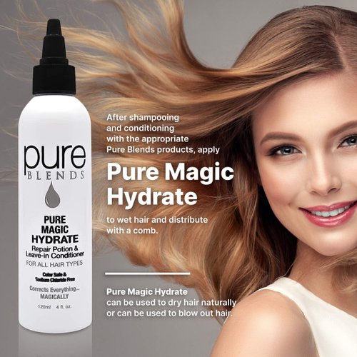 Pure Magic Hydrate Repair Leave–In Conditioner Detangler & Heat Protection Styling Lotion Repair/Reduce Breakage & Split Ends Color Safe & Sodium Chloride Free 4 Oz.