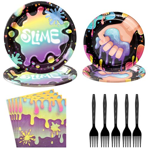 96Pcs Slime Making Party Supplies Slime Birthday Plates Napkins Forks Tableware Set Slime Party Decorations for Boys Girls Glitter Slime Splatter Splash Colorful Theme Birthday Party, Serves 24