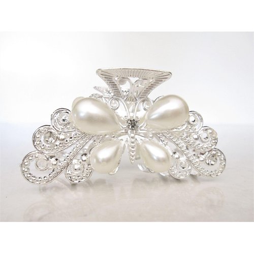 Generic Silver metal butterfly faux pearl and clear crystal hair claw clip bridal clip