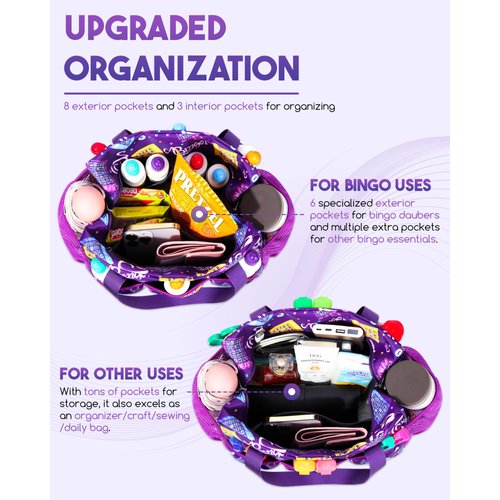 Bingo Bag with Pockets for Bingo Daubers Dabbers Dobbers Purple Bingo Bags for Bingo Stuff Supplies Bingo Night Accessories for Women Lady Bingo Game Prizes for Bingo Lovers Players Juego de Bingo Bag