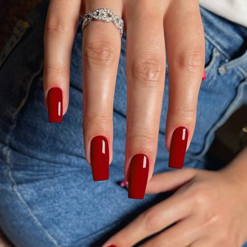 Red Press On Nails Medium Long Square, Xcreando Medium Coffin Nails Acrylic Nails Press ons Glue on Nails Medium Length, Solid Color Fake Nails for Women, Natural Thick Artificial Nails Stick on