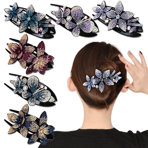 6 Pack Rhinestone Double Flower Hair Clip for Women Girls, Crystal Duckbill Clip Hairpin with Teeth Non-Slip Women Elegant Hair Dovetail Clips for Thick Long Hair Accessories