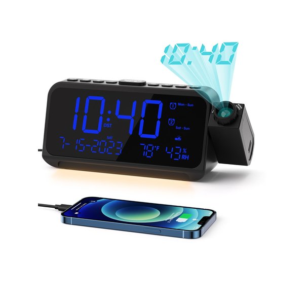 ROCAM Projection Alarm Clock for Bedroom, Digital Clock with Projector on Ceiling Wall, Projection Clock with 5-Level Dimmer, Dual Alarm with Weekend/Weekday Mode, Snooze, Temp, Night Light, USB Ports