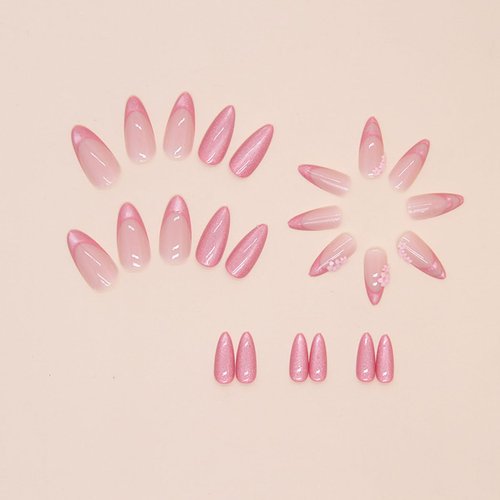 Pink Gradient Press on Nails - Pink Flower Stereoscopic Embossed Tip French,Medium Fake Nails Kit with 24 Nails,24pcs jelly glue stickers,1pcs mini nail file,1pcs wooden stick （Nails for Women Girls）
