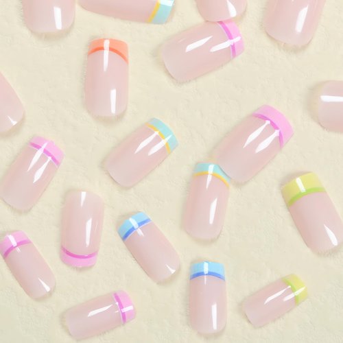Rainbow French Tip Press on Nails Medium Square Fake Nails Color Rainbow Nails Press ons Cute French Glue on Nails Colorful False Nails French Designs Acrylic Nails Square Stick on Nails for Women