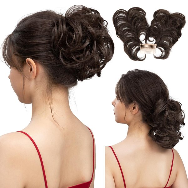 youngways Messy Bun Hair Piece Side Comb Clip in Hair Bun Hairpiece for Women Short Natural Straight Versatile Adjustable Styles Easy Hair pieces (Dark Brown-C)