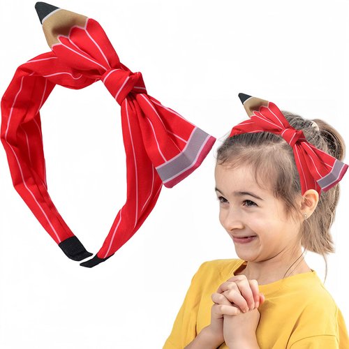 HIFANMM Back to School Headband Red Pencil Hair Accessories for Women Girls Stripe Pen Big Bowknot Hair Decoration Students Teachers Outfits Non Slip Hair Band First Day of School Supplies 1 Pcs