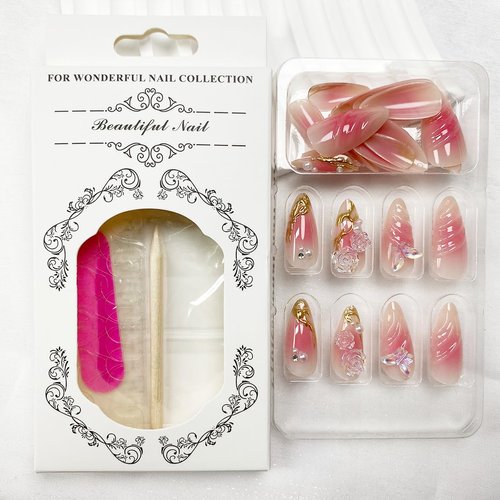 Pink Press on Nails Medium Almond Fake Nails Ombre Full Cover False Nails with Designs Bow Flower Rhinestone Glue on Nails Gradient Pink Acrylic Stick on Nails Cute Artificial Nails for Women 24Pcs