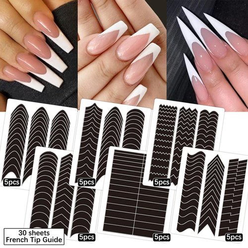 MOLILON 1185pcs French Tip Nail Guides Nail Stickers French Nail Tips Guides Self-Adhesive Moon V-Shaped French Manicure Strip for Edge Auxiliary Stickers DIY Stencil Tools 30 Sheets