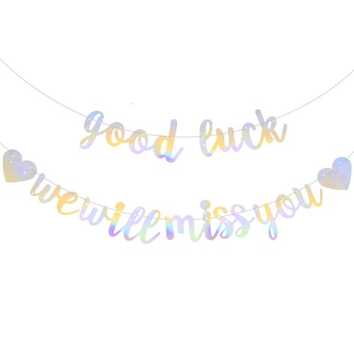 BEISHIDA Iridescent Silver Good Luck We Will Miss You Banner,Pre-Strung Glitter Retirement Party Sign Garland,Going Away Farewell Party Decoration, Graduation Party Supplies (No DIY）