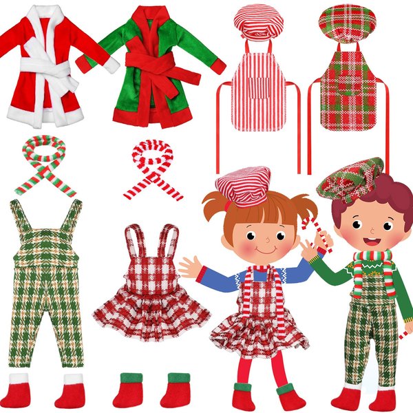 Jenaai 12 Pieces Christmas Elf Doll Accessories Set Elf Clothes Mini Outfit Include Doll Skirt Fluffy Vest Bathrobe Swing Sleeping Bag Scarf Apron Hats Socks(Checkered)