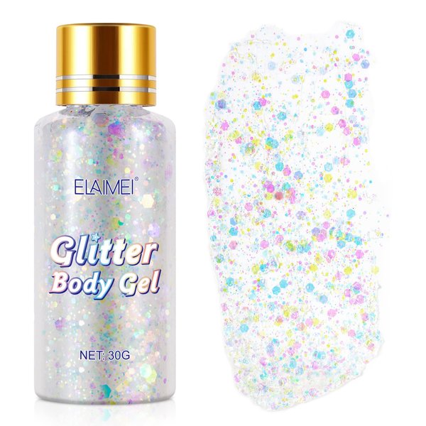 White Body Glitter Gel, Holographic Mermaid Sequins Glitter for Body, Face, Eye, Hair, Lip, Nail, Concerts, Party, Festival, Makeup, DIY Art, Long Lasting Waterproof