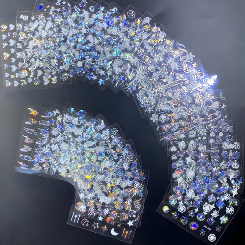 30 Sheets Aurora Nail Art Stickers Decals 3D Self Adhesive Flower Nail Stickers Aurora Moon Star Nail Decals for Nail Art Leaf Heart Nail Design for DIY Acrylic Nails Decoration Accessories for Women